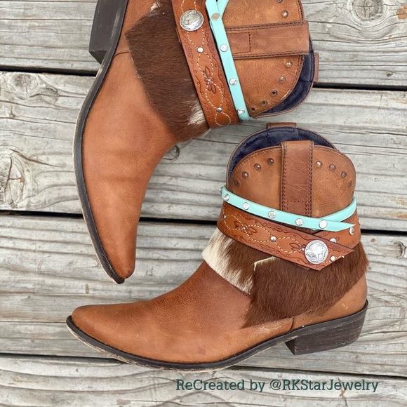 Sz 40 Saddle Tan Ankle Bootie Boots Fur Cowgirl - Picture 5 of 8